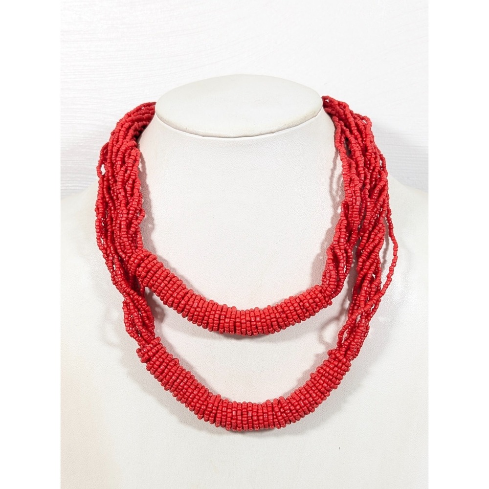 Red Multi Strand Beaded Necklace Layered Glass Bead Statement Bold 19"
